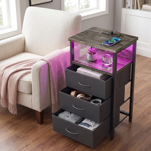 Fixwal Night Stand with 3 Fabric Drawers, Nightstand with Charging Station