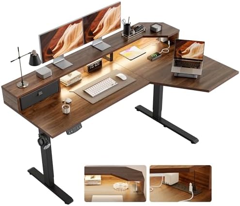 Agilestic 63*35 Inch L Shaped Standing Desk with Shelf & Led&Outlet, Walnut