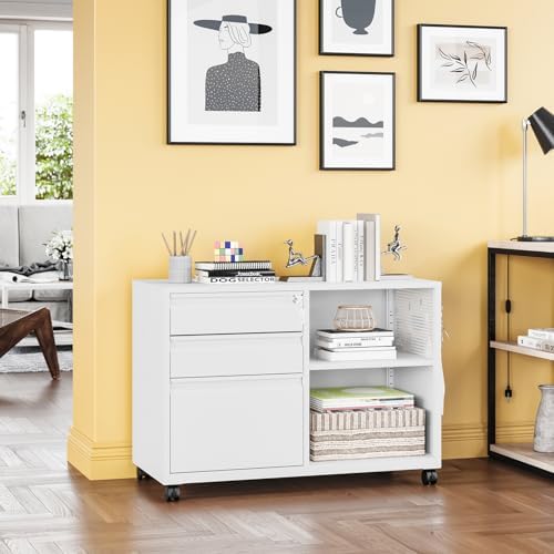 3 Drawer Metal File Cabinet with Lock, Mobile Lateral Filing Cabinet with Side Hook for Letters/Legal/A4, Printer Stand Storage Cabinets with Shelves for Home Office(White)
