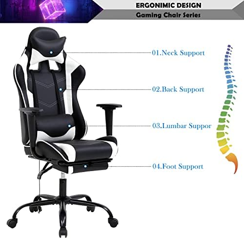 White Massage Gaming Chair with Footrest, PU Leather Gaming Chairs for Adults, High Back Office Chair Ergonomic Desk Chair Computer Chair, Reclining Gamer Chair, Height & Backrest Adjustable, 300 Lbs