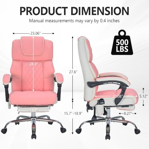 Massage Office Chair with Heat & Footrest,Heated Comfy Reclining Desk Chair with Vibration,Executive Big and Tall Chairs for Heavy People,Adjustable Height Black Pink-White