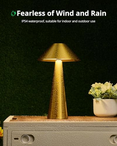 Bojim Rechargeable Cordless Table Lamp, Gold LED Battery Operated Wireless Table Lights, Touch for 3 Color Dimmable, IP54 Waterproof for Restaurant, Dining, Outdoor, Patio, Outside