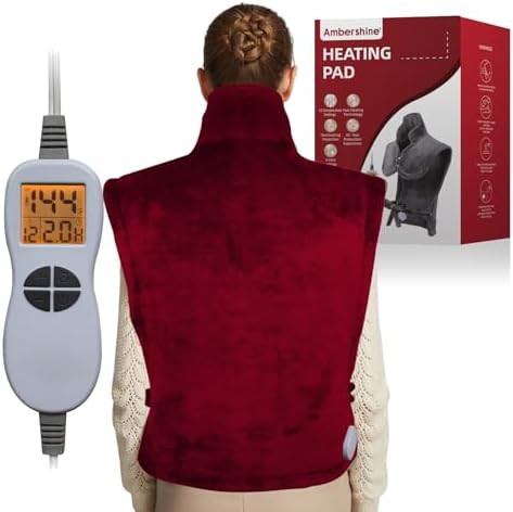 Ambershine 26"x35" XXXL King Size Neck& Shoulder& Back Heating Pad with 12 Temperature Settings& 4 Auto-Off Countdown Timers, Pain Relief for Back/Neck/Shoulder, Christmas Gift for mom dad (Red)