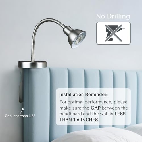 Solfres Patented Innovative Design Headboard Reading Light. No Drilling Golden Book Light for Bedtime Reading. Dimmable LED Book Reading Lamp with Bulb. Movable & Flexible, Silver
