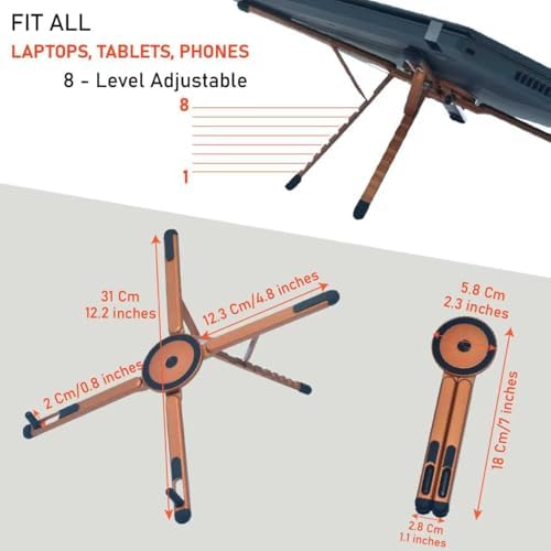 Foldable Desktop Portable Laptop Stand, Adjustable Laptop Riser with Magnetic Phone Holder, Aluminum Alloy Notebook Stand Compatible with 10-16 Inch Laptops and 4-13 Inch Phones/Tablets (Orange)