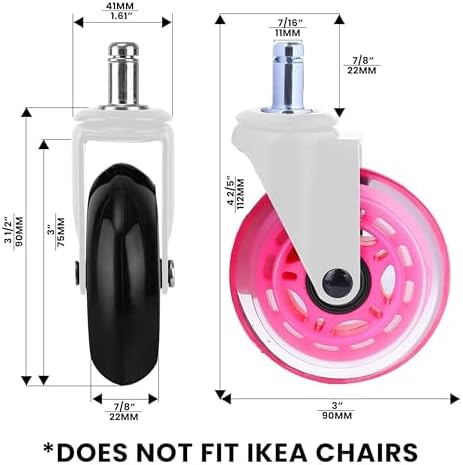 Office Chair Wheels - Set of 5 Rollerblade-Style Caster Wheels, Smooth & Quiet Rolling, Protects Hardwood Floors & Carpets, Universal Fit, Durable and Long-Lasting - Pink