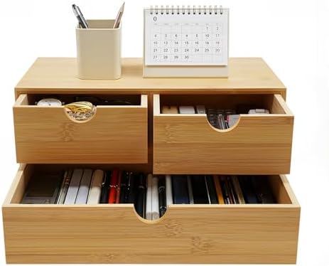 3 Drawers Bamboo Desk Organizer, Tabletop Storage Organization Multifunctional Desktop Organizer Office Wooden Drawer Mini Wood Desk Drawers Organizers for Home Office No Assembly Required