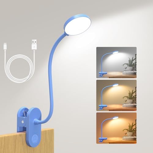 Cordless Clip on Reading Light, Rechargeable LED Book Lamp for Kids, Flexible and Dimmable Clamp Light with 3 Color Modes & 10 Brightness for Students Dorm Room Desk Bunk Bed Headboard (Blue/3.5'')