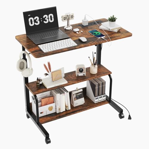 FCH 31.5" Mobile Small Standing Desk, Adjustable Height Mobile Computer Desk, w/2 AC Outlets + 3 USB Ports & Hooks, Storage Shelves, Suitable for Gaming, Studying, Home Office, Vintage Brown