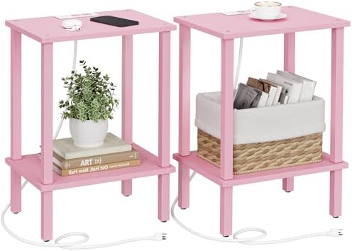 TUTOTAK End Table with Charging Station, Side Table Set of 2, Nightstand