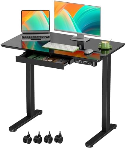 Gibbon Mounts 35” Black Glass Standing Desk Height Adjustable with Drawer