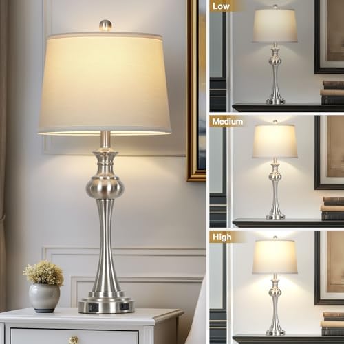 Cinyirong 28.75" Silver Table Lamps for Living Room,Touch Lamps for Bedrooms Set of 2 - Nightstand Table Lamp with USB C+A, 3 Way Dimmable Bedside Lamps End Tables Brushed Nickel