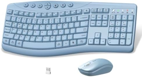Wireless Keyboard and Mouse Combo, 2.4G Quiet Ergonomic Curved Keys(Blue)