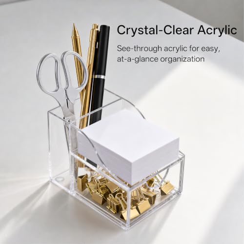 HBlife Acrylic Pen Holder for Desk, 3-Compartment Small Desk Organizer with Drawer, Clear Office Supplies Desk Accessories with Sticky Notes Holder Stores Post It Notes 3X3 for Office, Home and School