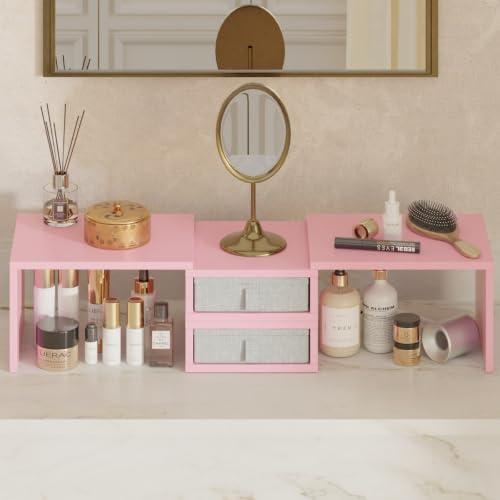 TEAMIX Pink Dual Monitor Stand Riser with 2 Drawers - Length and Angle Adjustable Double Corner Desk Shelf Organizer 37 inch for 2 Laptop/PC/Screen/TV (2 Drawers - 8''H)