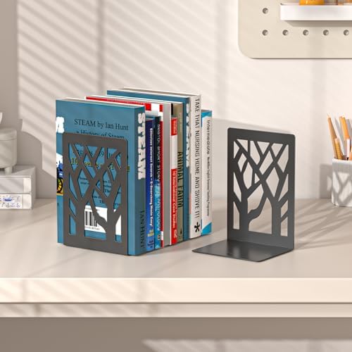 VFINE 8-Piece Metal Bookends for Shelves, Black Tree Book Ends for Books, Decorative Desk Book Organizer, Non-Skid Shelve Bookends for Home Office Shcool Supplies