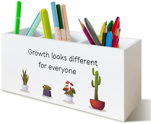 Growth Looks Different for Everyone Inspirational Mental Health Pen Holder for Desk, Motivational Plant Wooden Pen Pencil Holder Organizer for Therapist Counselor Office Desk Accessories
