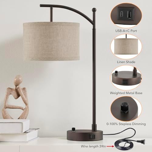 Table Lamp Set of 2, 23.5" Bedside Lamps with USB C+A Ports, Brown