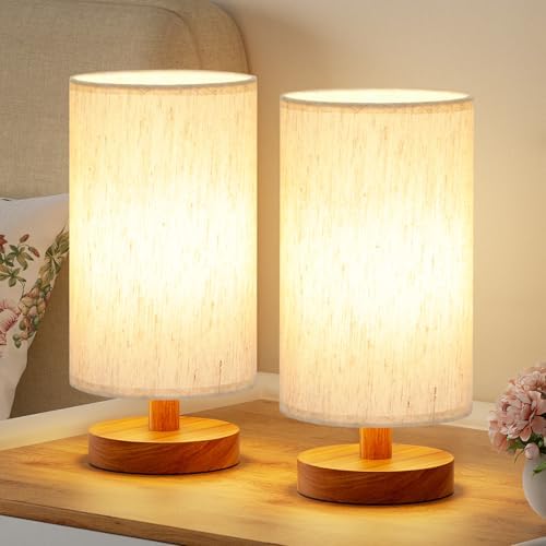 Desk Small Lamps Set of 2 (Cream Shade - Walnut Base, 9" Inline Control)