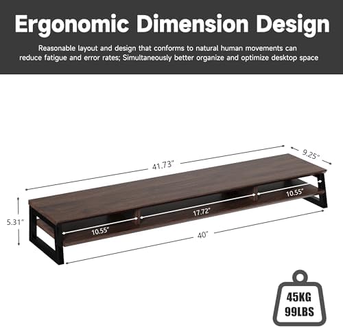 Dual Monitor Stand Riser for Desk, 41.7 Inch Large 2 Tier Computer Monitor Stand for 2 Monitors, Desktop Storage Organizer Shelf with Keyboard Space for Laptop PC Printer Brown
