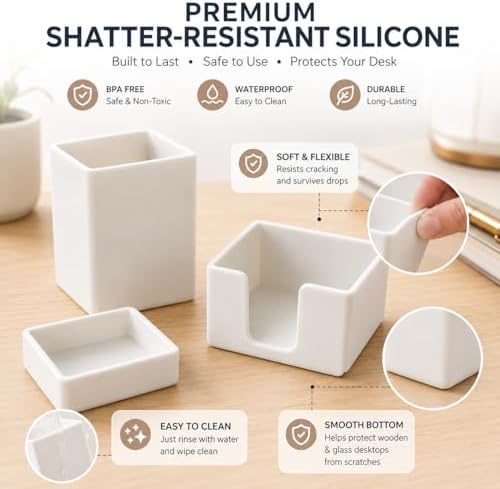 minimaliving Aesthetic Silicone Desk Organizer Set of 3,Modern Office Desk Accessories with Pen Holder,Paperclip Tray,Sticky Note Holder,Stylish Functional Office Desk Decor for Back-to-school(White)