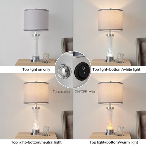 3-Way Dimmable Table Lamp Set of 2,Touch Control Lamp with Night Light,Modern Crystal Table Lamps for Bedroom,Living Room，Bedside Lamps with USB A+C Ports，Fabric Lampshade(Blubs Included)