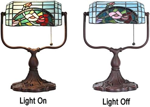 Bieye L10760 Rose Flower Tiffany Style Stained Glass Bankers Desk Lamp Table Lamp for Working Office Living Room Bedside Home Decoration, 9" W x 15" H, Red Green