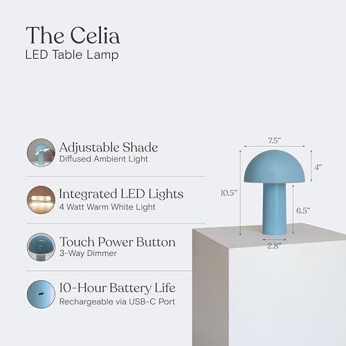 Brightech Celia Small Lamp – 10" Touch-Controlled Mushroom Table Lamp, Cordless & Dimmable LED, Portable & Rechargeable Bedside Night Light, Sustainable Recycled Modern Lamp for Home Décor, Light Blue