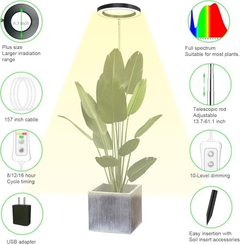 yadoker Plant Grow Light,LED Growing Light Full Spectrum for Indoor Plants,Aluminum Black Plant Lights,Height Adjustable, Automatic Timer, 5V Low Safe Voltage