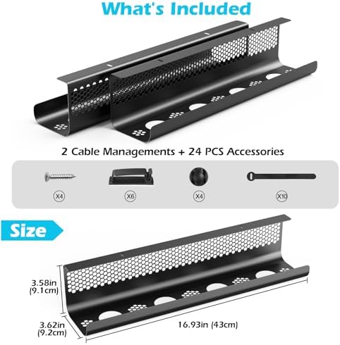 KHAMAL Cable Management Under Desk 26PCS - Cable Management Tray Kit Ventilated Hexagonal Design with Cable Clips, Wire Ties, Cord Holder & Screws for Office, Home (Black)