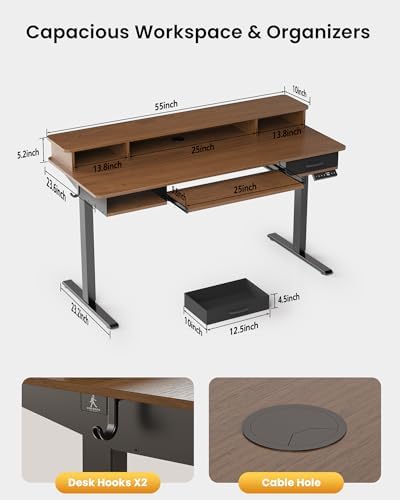 Electric Standing Desk with Keyboard Tray, 55x24 Inches Height Adjustable Stand up Desk with 2 Drawers, Ergonomic Sit to Stand Table with Storage Monitor Stand, Black Walnut