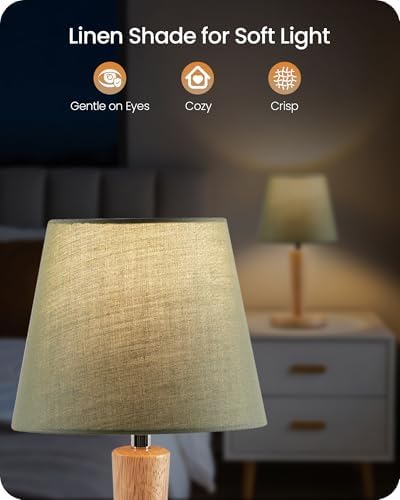 12" Wood Bedside Table Lamps Set of 2, Small Desk Lamps for Small Places, 3 Color Temperatures with Memory, Green Linen Shade & E26 Bulbs, for Bedroom Living Room Office MJ13TLP205
