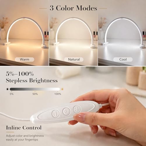 Half Moon Nail Light, 180° No Shadow LED Nail Desk Lamp with Foldable Height Adjustable Base, Nail Tech Lamp Soft Light Eye Protection for Manicure Eyelash Tattoo Craft Workbench Lighting