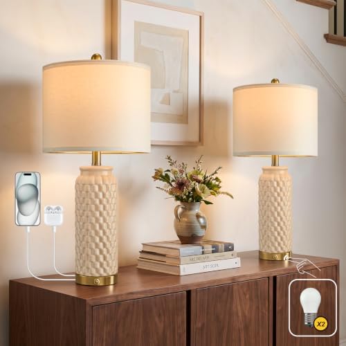 USumkky 25'' Touch Table Lamps for Nightstand Beige Ceramic -3 Way Dimmable