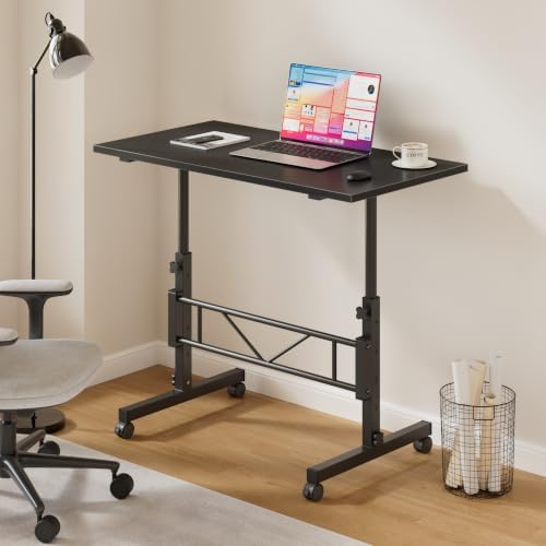 VECELO Small Standing Desk Adjustable Height, Mobile Computer Workstations with Wheels, Portable Rolling Laptop Table for Walking Pad, Home Office, Dark Black
