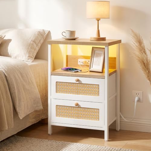 Fixwal Night Stand with Charging Station, Led Nightstand, 2 Fabric Drawers