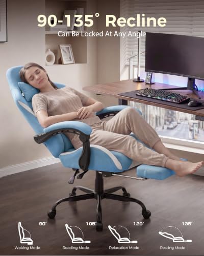 LUCKRACER Big and Tall Gaming Chair, 350Lbs Heavy Duty Office Chairs High Back Computer Chairs with Foot Rest Wide Cushion Lumbar Support Desk Chair Comfy for Adults Breathable Fabric, Blue