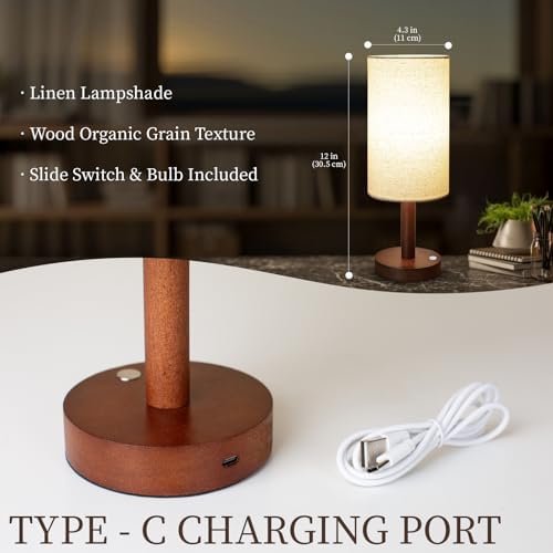 LALISU Cordless Table Lamp, 3 Color Portable Battery Lamp Wood Base 2Pcs