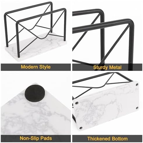 Modern Mail Holder for Home Office, Metal Letter Organizer Sorter for Desk, Cutout Mail Envelope Design, Bill Filling Paper Document Rack, Envelope Storage Rack with Marble Base (Black)
