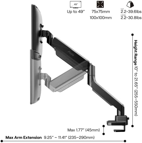 Pixio PS2S Ultrawide Heavy-Duty Premium Single Monitor Arm Stand Desk Mount - Fits up to 49 inches Monitors, Weights up to 39lbs Flat / 31lbs Curved, Compatible with VESA 75x75mm 100x100mm