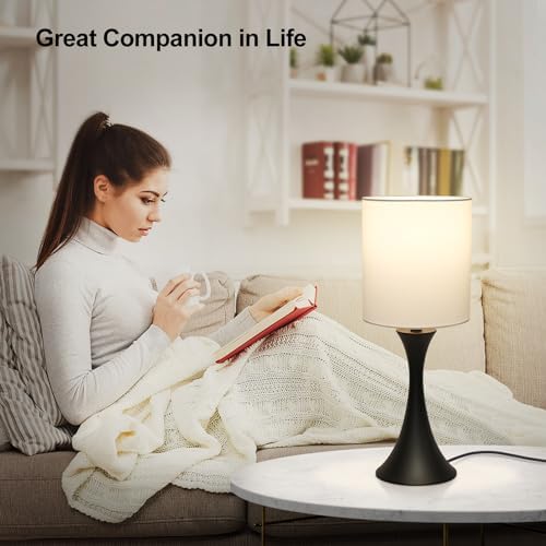 Seaside village 3 Way Touch Control Table Lamp, Modern Bedside Lamp for Bedroom, Dimmable Black Nightstand Lamp White Shade Desk Reading Light for Living Room Office Dorm, 3000K LED Bulb Included