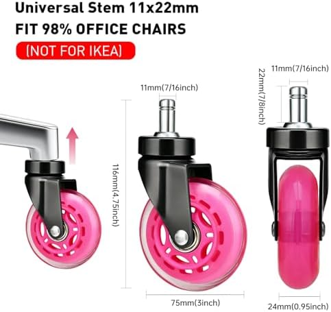 3" Office Chair Wheels (As Seen On PRC) Heavy Duty with Universal Grip Ring Stem(7/16" x7/8"),Replacement Rubber Chair Casters fits 98% Chairs for All Floors (Magenta)