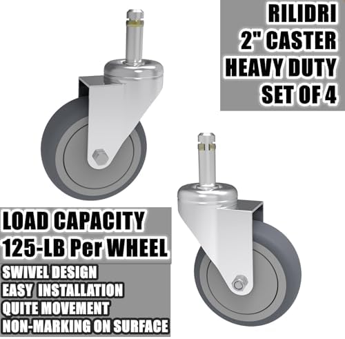 RILIDRI 2-Inch Swivel Stem Caster, 7/16-Inch Stem Diameter Rubber Wheel, Thermoplastic Rubber TPR Replacement Wheels for Weber Grill Shop Vac - 4 Pack