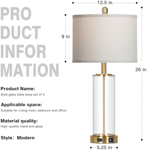 26" Gold Glass Table Lamps Set of 2, 3-Way Dimmable Touch Control Living Room Lamp with USB C+A Ports & AC Outlet, Modern Bedside Lamps, Elegant Bedroom Lamps for Nightstand Side End Table Desk