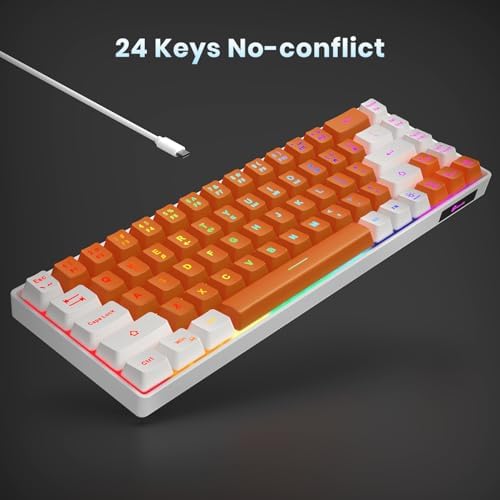 GEODMAER 65% Gaming Keyboard, LED Backlit Mini Wired Keyboard, Ultra-Compact Anti-Ghosting No-Conflict 68 Keys Membrane Gaming Wired Keyboard for PC Laptop Windows Gamer(Orange-White)
