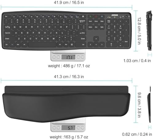 Arteck Multi-Device Ergonomic Wireless Bluetooth Keyboard with Nano USB-A, USB-C Type C Receiver Palm Wrist Rest Full Size Keyboard for Windows iPad OS Android, Computer Desktop Laptop PC Tablet