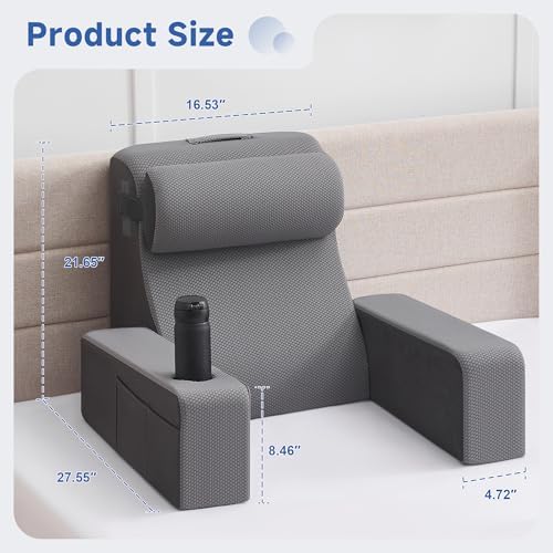 Reading Pillow for Bed, Back Pillow for Bed Sitting Up, Bed Pillows for Sitting Up with Adjustable Armrests, Cup Holder & Large Pocket, Backrest Cushion for Reading, Watching TV (Dark Grey, 4PCS)