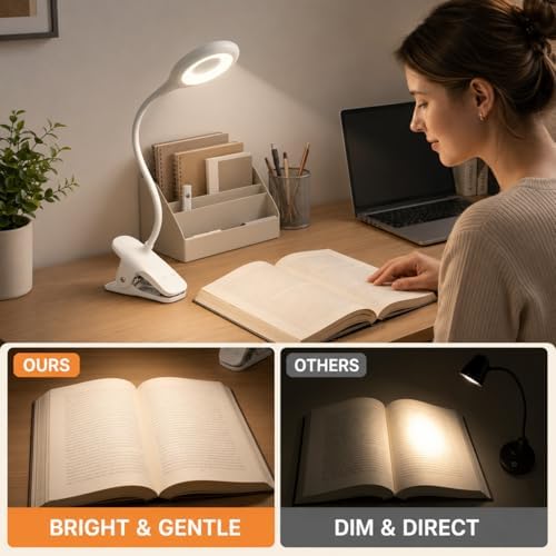 LACOKI Clip on Rechargeable Reading Light for Bed, 3 Color x 3 Brightness 28 LEDs Desk Light, Eye-Caring Desk Lamp with Clamp for Headboard, Table, Desk