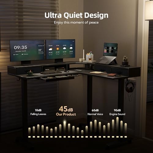 Claiks Dual Motor L Shaped Standing Desk with Drawers, 63inch, Black
