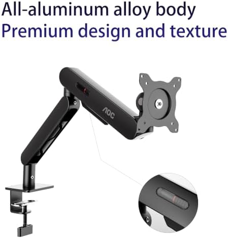AOC AM400PLUS Premium Aluminum Single Monitor Arm, Mechanical Spring, 17–34 Inch, 4.4–19.8 lbs, VESA 75x75/100x100, C-Clamp, Quick Install Desk Mount with Cable Management (Gray)
